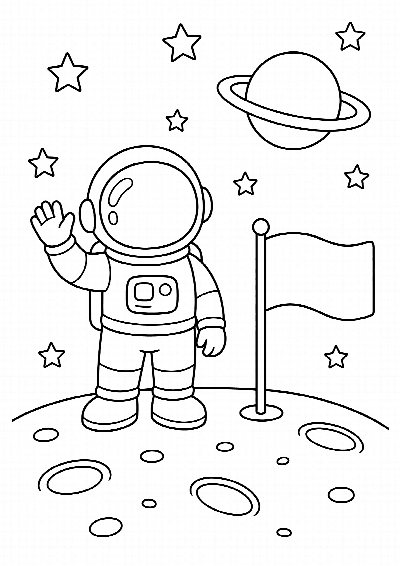 Kolorowanka: astronauta w skafandrze macha ręką obok flagi, na niebie planeta z pierścieniem, czarne kontury na białym tle