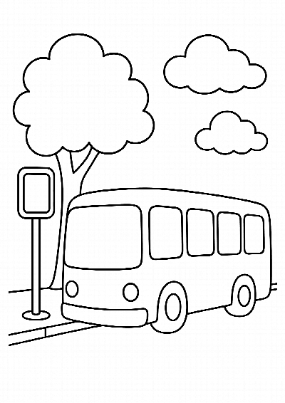 Kolorowanka: autobus z dużymi oknami stoi przy przystanku, czarne kontury na białym tle
