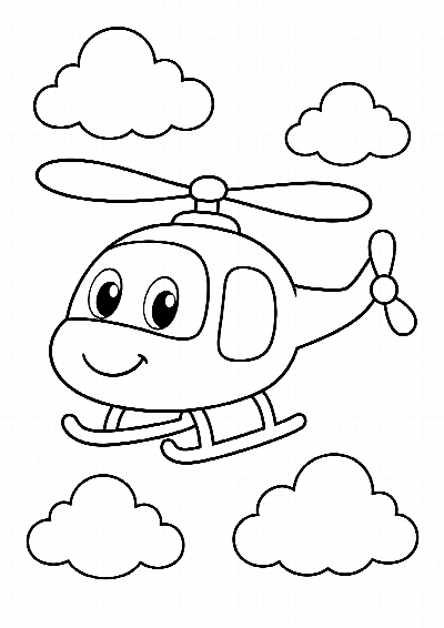 Kolorowanka: helikopter z wirnikiem leci po niebie, czarne kontury na białym tle