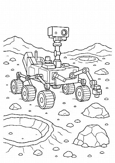 Kolorowanka: łazik z sześcioma kołami i kamerą jedzie między kraterami, czarne kontury na białym tle