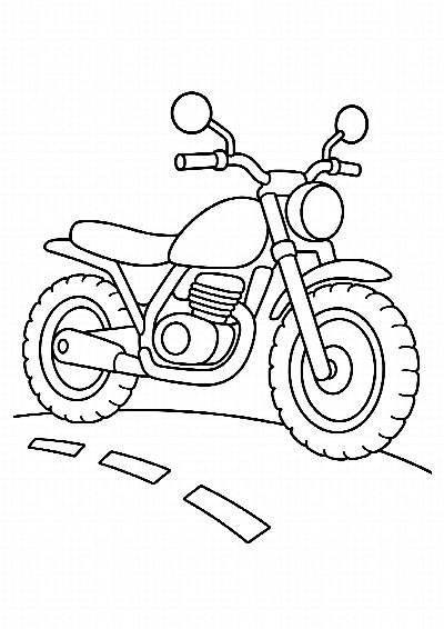 Kolorowanka: motocykl z dużymi kołami stoi na drodze, czarne kontury na białym tle