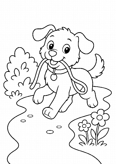 Kolorowanka: radosny piesek biegnący po ścieżce ze smyczą w pysku, czarne kontury na białym tle