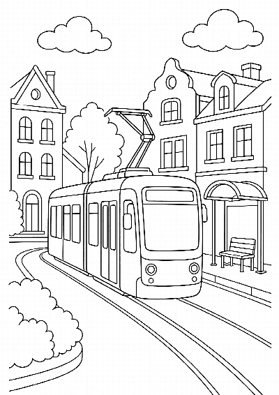 Kolorowanka: tramwaj na torach między kamienicami, obok przystanek, czarne kontury na białym tle