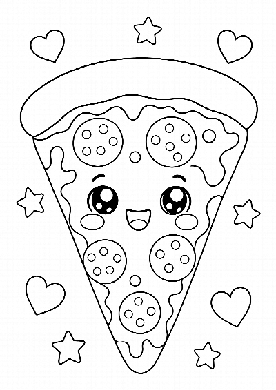 Kolorowanka: kawałek pizzy kawaii z oczami i uśmiechem, czarne kontury na białym tle